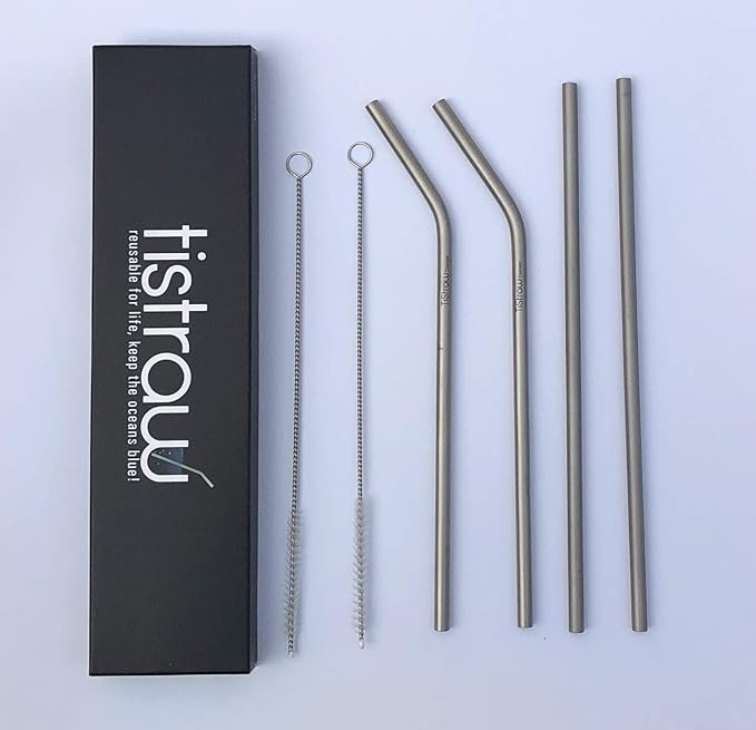 Reusable Titanium Straws 4pack with 2 Straight, 2 Bent and Brush Included