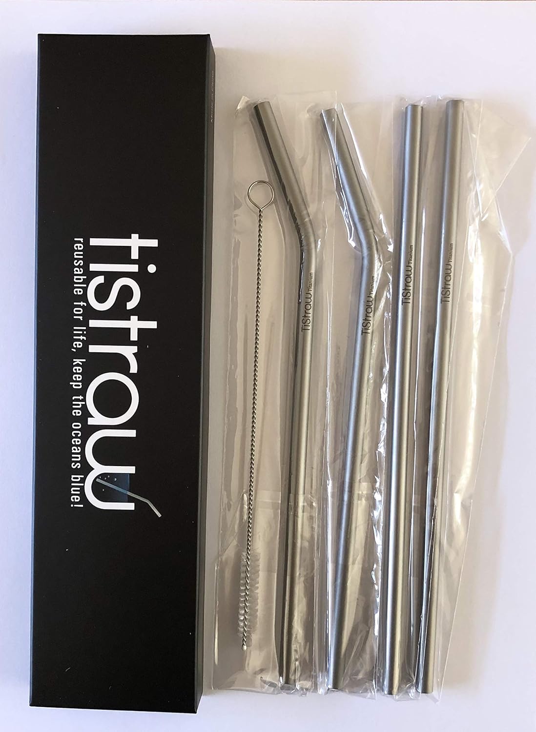 Reusable Titanium Straws 4pack with 2 Straight, 2 Bent and Brush Included