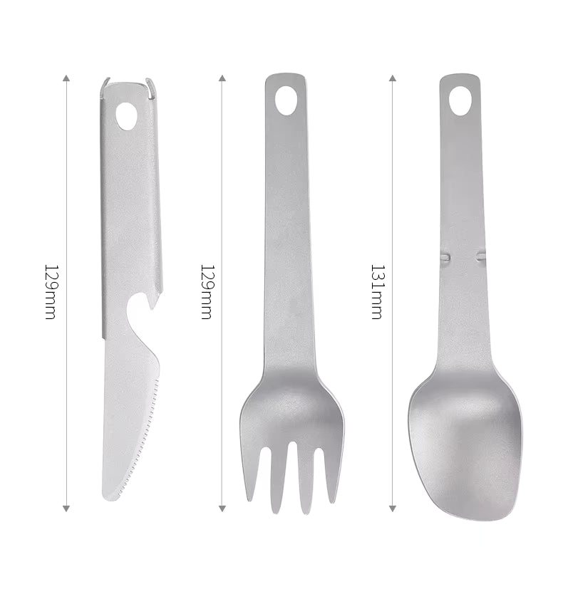 Titanium multi camping tool cutlery set 4 in 1 with Spork, knife, bottle opener, dinner ware,