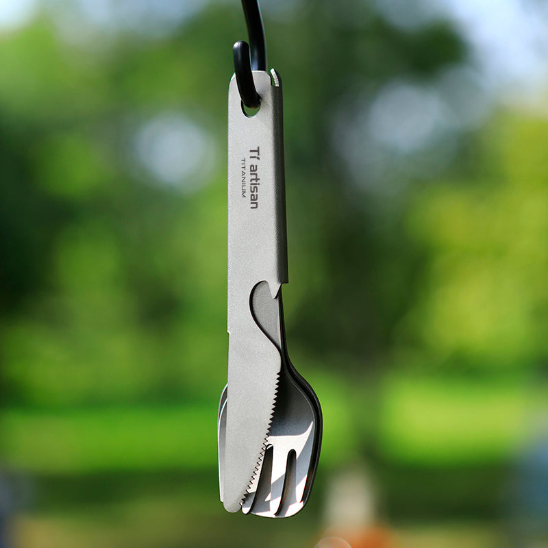 Titanium multi camping tool cutlery set 4 in 1 with Spork, knife, bottle opener, dinner ware,
