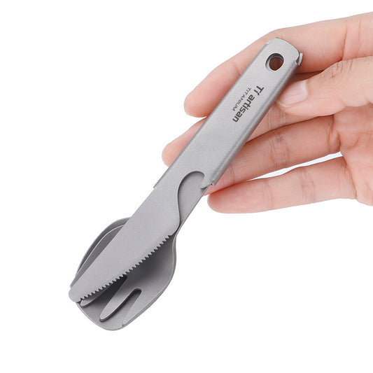 Titanium multi camping tool cutlery set 4 in 1 with Spork, knife, bottle opener, dinner ware,