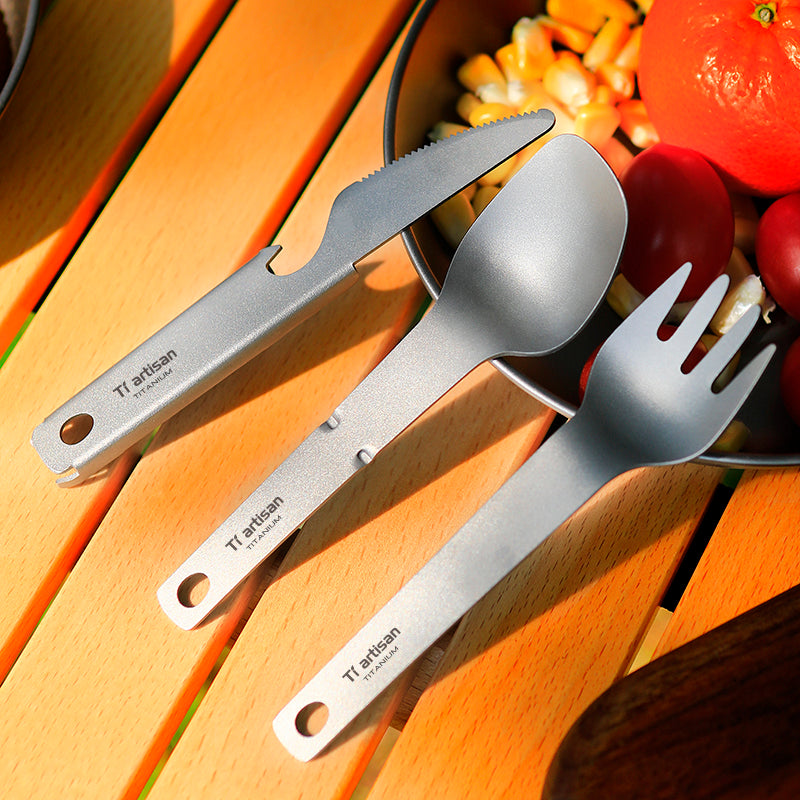 Titanium multi camping tool cutlery set 4 in 1 with Spork, knife, bottle opener, dinner ware,